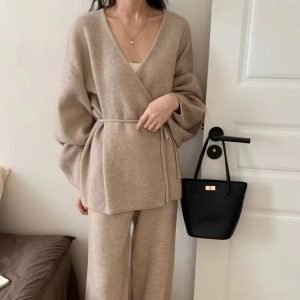 Cashmere Cardigan Pants Full Length Sets for Women