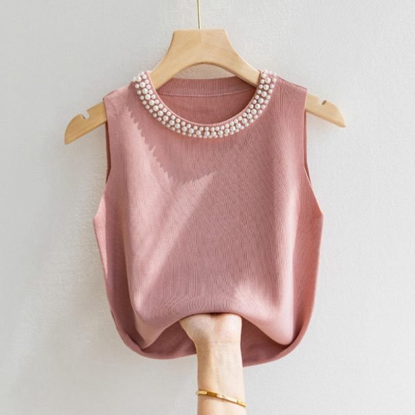 Lady Knitwear Vest Sleeveless Garment Pearl Casual Undershirt Tops - Image 2