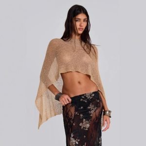 Women's Golden Knitted Hollow One-Piece Crop Top