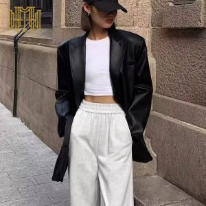 Ladies Blazers Slim Jackets High-Level Casual PU Leather Stand-Up Coats