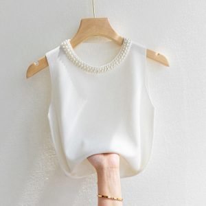 Lady Knitwear Vest Sleeveless Garment Pearl Casual Undershirt Tops