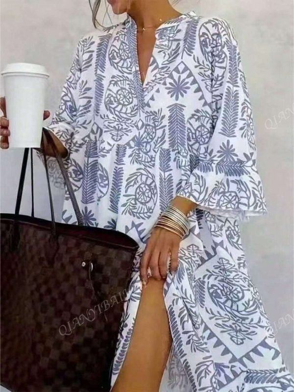 Women's Casual Resort Full Print Flare Sleeve Dress - Image 4