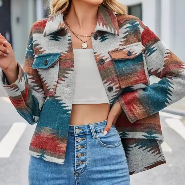 Ladies Geometric Pattern Jacquard Woolen Coat - Image 3