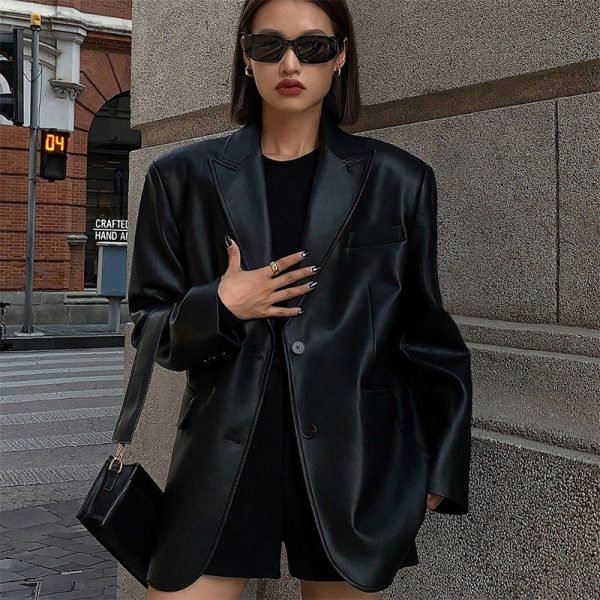Ladies Blazers Slim Jackets High-Level Casual PU Leather Stand-Up Coats - Image 2